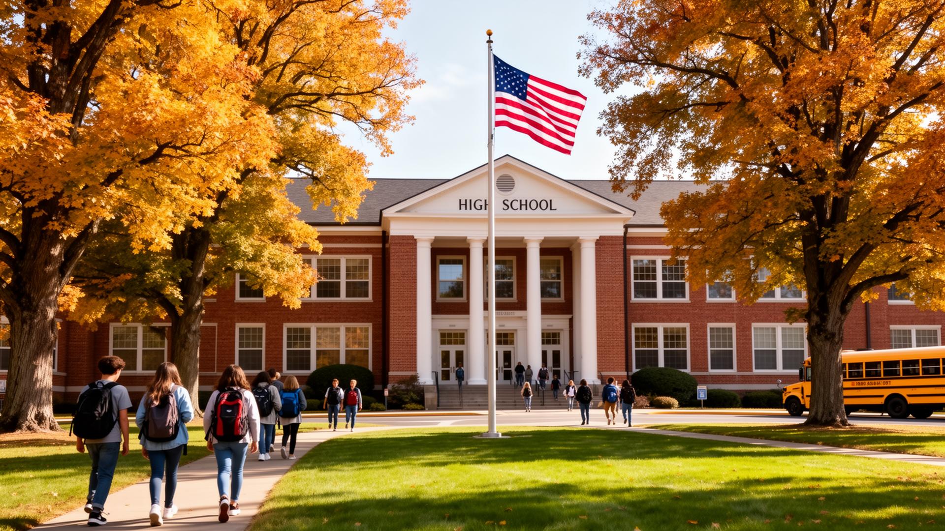 American public high school with students and US flag — MRA serves K-12 districts nationwide